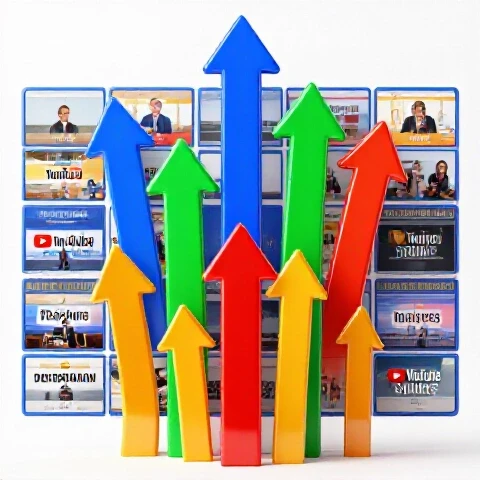 Colorful arrows surge upward from a glossy video thumbnail grid, symbolizing explosive YouTube Shorts traffic growth.