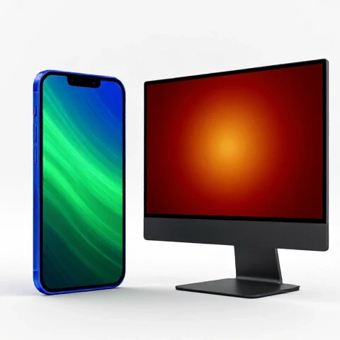 Split-screen image of a vivid mobile phone beside a sleek desktop, both contrasting in style and color.