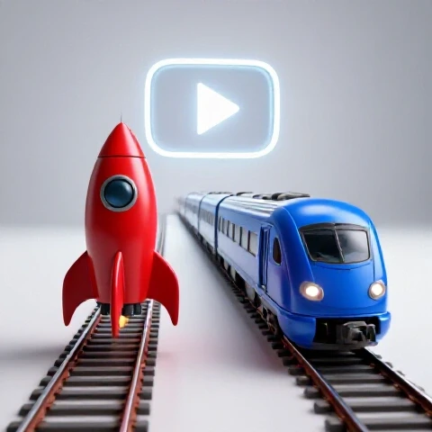 Bright scene of a rocket and train racing toward a glowing YouTube play button with strong color contrast