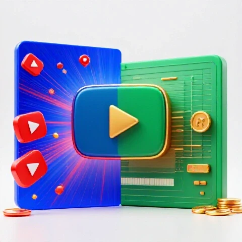 Split-screen image showing energetic YouTube Shorts icons on one side and a calm workspace with a YouTube play button and coins on the other, set against a bright white background.