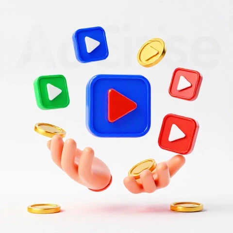 Vibrant coins and video icons being juggled above a soft AdSense logo shadow on a bright white background.