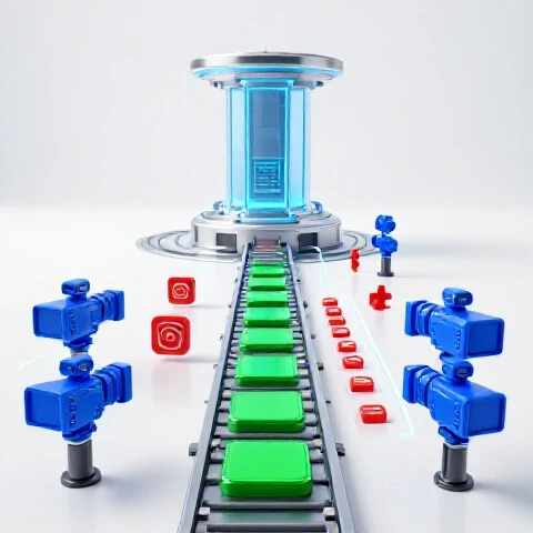 Vivid assembly line of cameras, thumbnails, and editing icons leading to a futuristic control tower, highlighting growth.