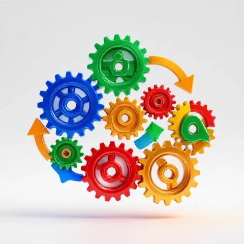 Dynamic central flowchart of glossy, colorful gears and arrows, illustrating team collaboration and system building, on a bright illuminated background.