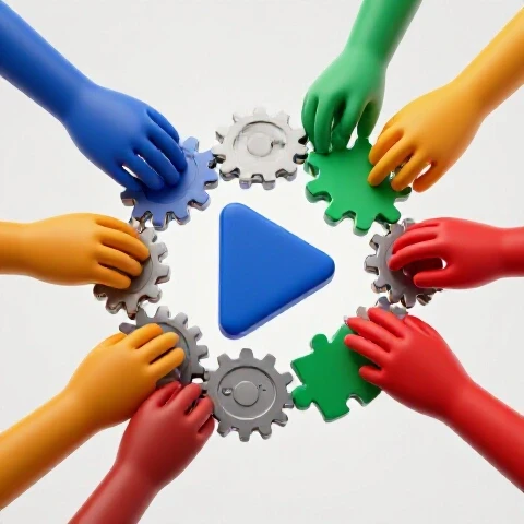 Diverse colored hands assemble gears and puzzle pieces into a play button on a bright background