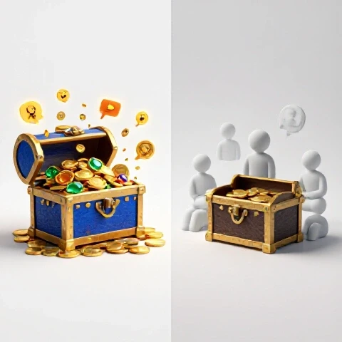 Split-screen showing a full treasure chest with excited viewers and an empty chest with uninterested viewers under bright lighting.