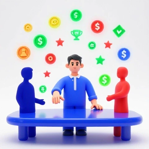 Confident creator reaching for a handshake across a table toward a silhouetted figure with glowing sponsor icons