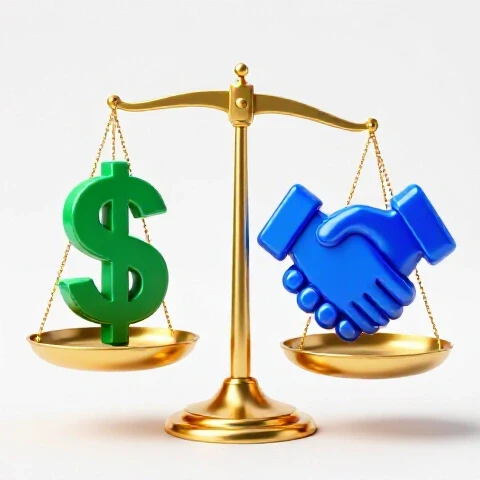 A golden scale balanced between emerald dollar signs and a blue handshake icon on a white background.