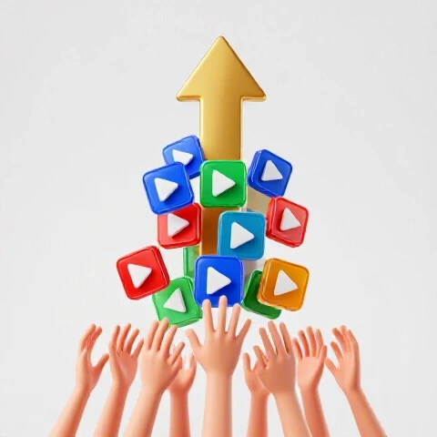Golden upward arrow lifting a pile of vibrant video play icons with reaching hands below on a bright background.