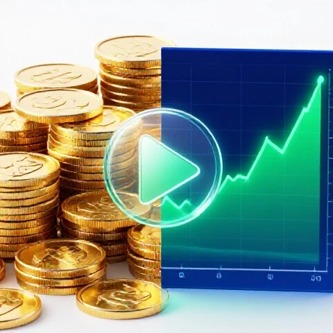 A split scene shows gleaming gold coins and vibrant analytics charts with a large play button, symbolizing video monetization.