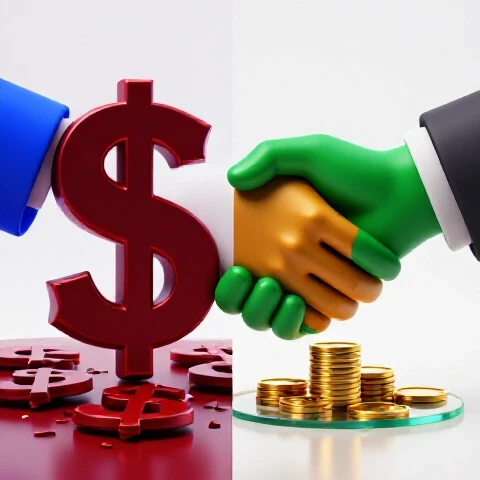 Split scene with broken dollar signs on one side and hands shaking over coins on the other, in vivid colors.