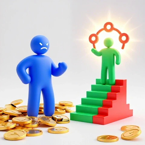 Split scene with abstract creator icon amid spilled coins and broken sponsorship symbols on one side, ascending steps toward a glowing partnership emblem on the other, in a bright studio setting.