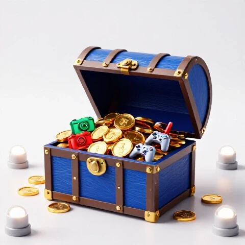 Treasure chest bursting with gold coins and digital icons like cameras and controllers under spotlights on a bright background.