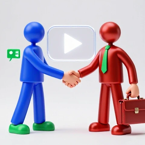 A creative and business figure shaking hands before a glowing YouTube play button, high-contrast colors, bright studio setting.