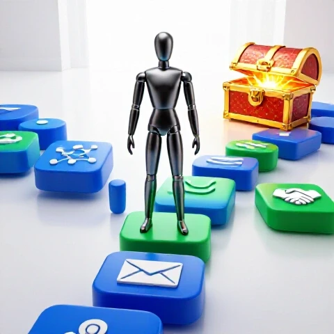A confident creator figure crosses colorful stepping stones with icons toward a glowing treasure chest, set against a bright YouTube interface backdrop.