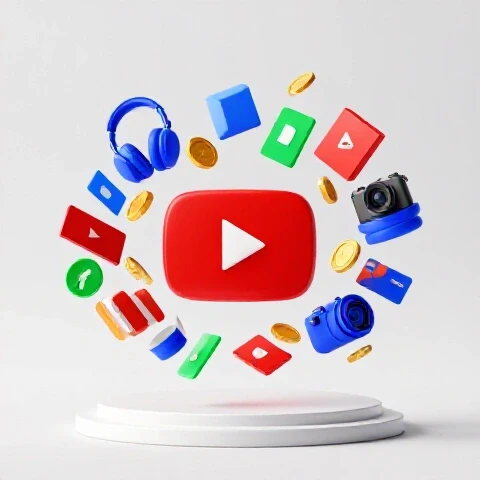 Glossy YouTube play button with swirling branded products and gold coins on white studio background.