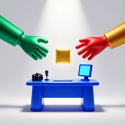Brightly-lit scene of a creator's desk under a spotlight as large colorful hands offer a golden opportunity
