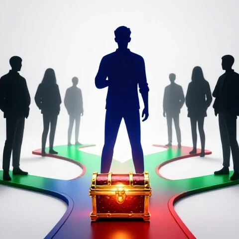 A confident content creator stands at a crossroads, one path leading to a glowing treasure chest with shadowy figures observing from behind.