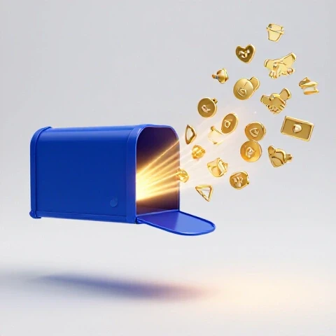 A split scene with a glowing blue inbox opening on one side and golden sponsor logos and handshakes emerging on the other, set against a bright studio background.