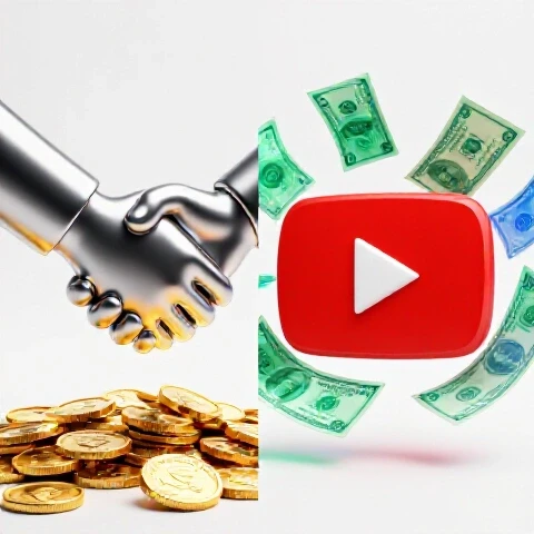 Glowing handshake over gold coins split with vibrant play button and swirling dollar bills, all on a bright background.