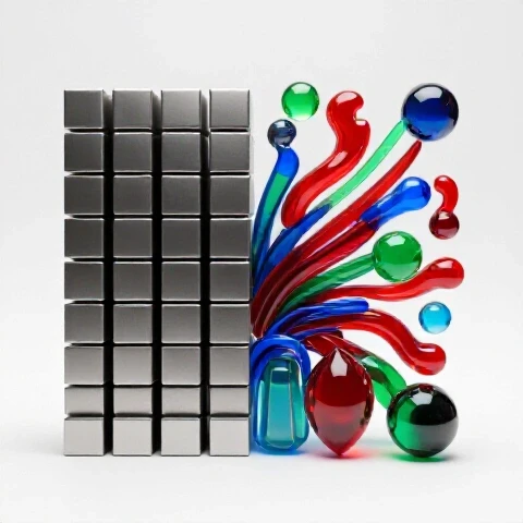 Split scene with orderly metallic cubes on one side and creative, colorful shapes bursting on the other, symbolizing different YouTube hook styles.