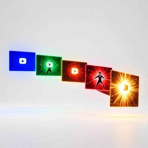 Vivid sequence of interconnected YouTube video thumbnails forming a dynamic, escalating storytelling path