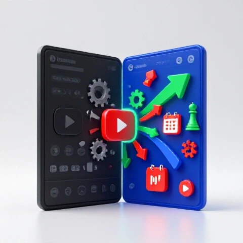 Split-screen of dull and vibrant YouTube channels with dynamic arrows, gears, chess pieces, and a calendar icon symbolizing strategic growth.