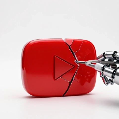 A vivid red fractured YouTube play button is repaired by a robotic hand with glossy tools, set on a bright white background.