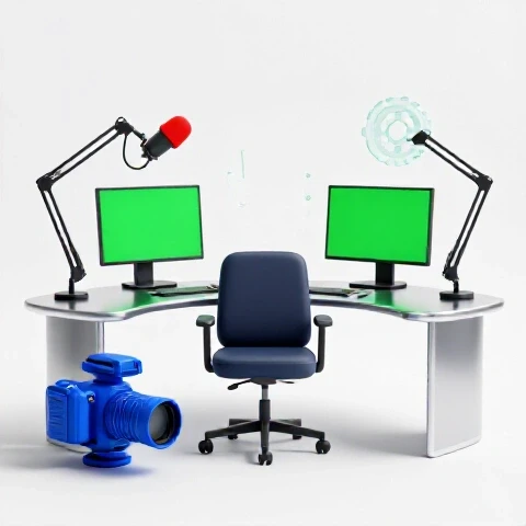 Vividly colored camera gear, microphone, and monitor arranged around an empty chair in a bright modern studio workspace.