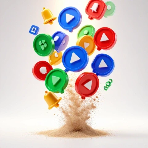 Bright scene showing colorful subscriber icons slipping away as sand with new icons forming in a light background