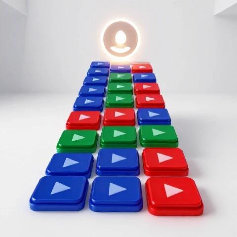 A staircase of vibrant video play buttons ascending toward a glowing subscriber icon, with colorful bursts marking milestones.