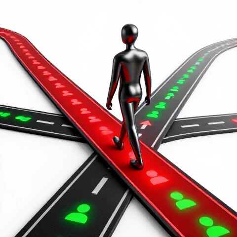 A bold diverging road with glowing subscriber icons and a stylized figure stepping onto a vivid upward path