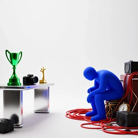 Split scene showing bright, glamorous creator workspace beside a shadowy, overwhelmed figure surrounded by tangled cables and clocks.