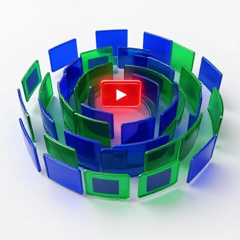 A highlighted red video thumbnail emerging from a maze of blue and green thumbnails in a bright white studio setting.