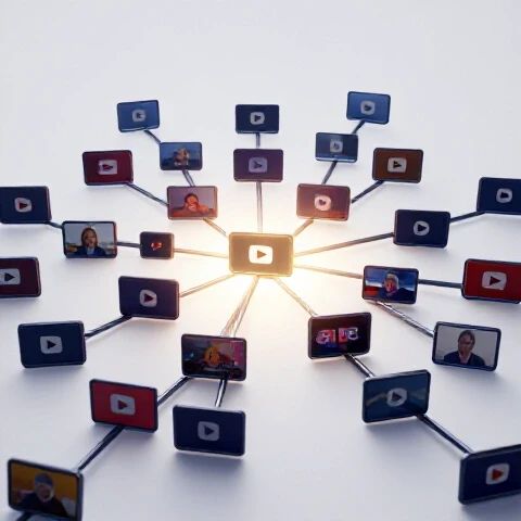 A radiant web of interconnected, colorful video thumbnails with one glowing at center, symbolizing boosted YouTube visibility.