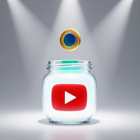 Glowing YouTube tip jar with a floating gold coin above, spotlighted on a bright studio background.