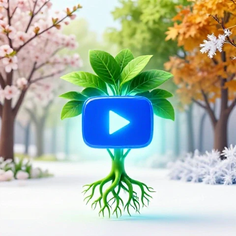 Lush green plant with deep roots sprouting from a glowing play button, surrounded by four seasonal backgrounds.