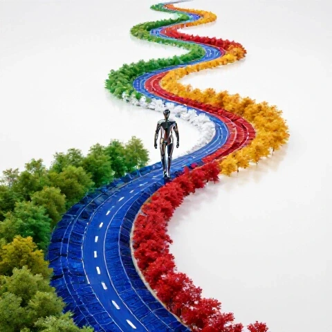 A vibrant path of video thumbnails winds forward through changing seasons, with a confident abstract figure walking at the center, symbolizing sustainable YouTube growth.