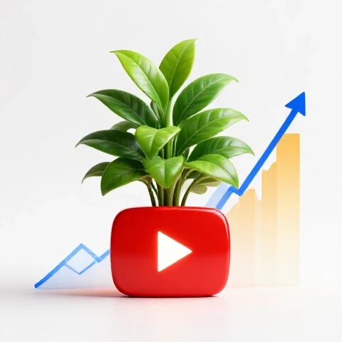 A glossy YouTube play button with a vibrant green plant growing from it, surrounded by upward-trending graphs on a bright white background.