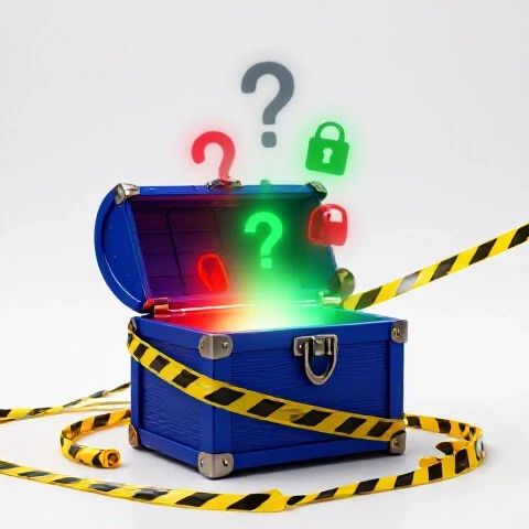 A glowing treasure chest wrapped in caution tape with mysterious shadow icons emerging, set on a bright white background.