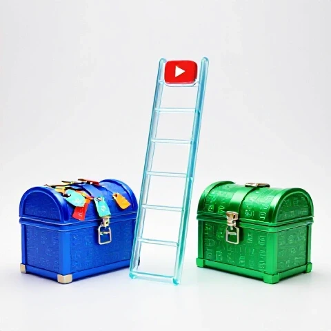 Two treasure chests, one overflowing with tags and one emitting digital symbols, flank a glowing YouTube ranking ladder under a spotlight.