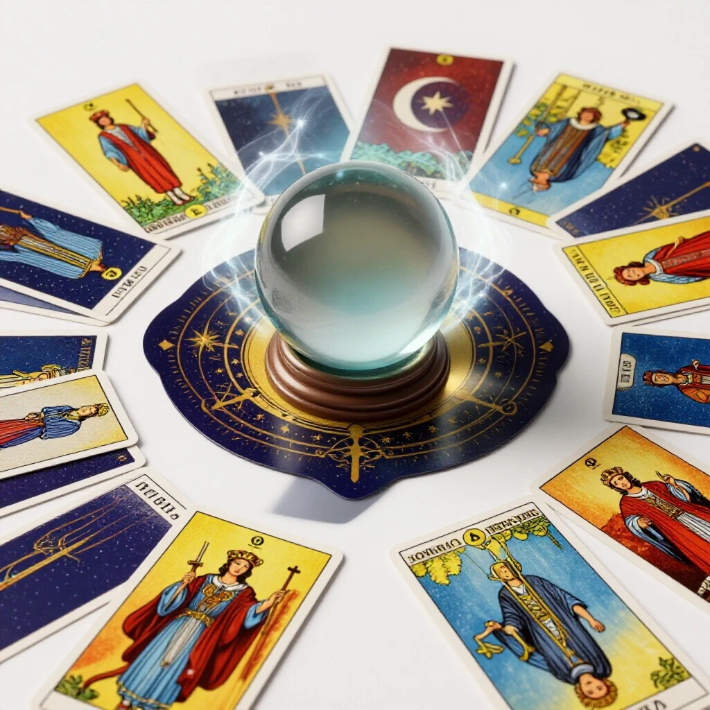 A crystal ball on a tarot card spread with light wisps symbolizing mystery and insight.