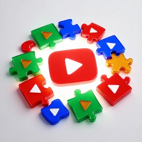 Vivid puzzle pieces shaped like YouTube play buttons in deep colors interlocking on a bright background