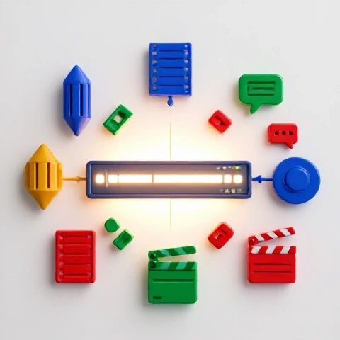 A glowing video timeline surrounded by colorful abstract creator icons, symbolizing team collaboration in video editing, on a bright, luminous background.