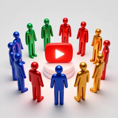 Vivid group of stylized creator figures under spotlights collaborating around a central glowing YouTube play button on a bright studio background.