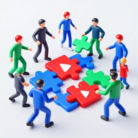 Colorful puzzle pieces shaped like video play icons being assembled by abstract creators, symbolizing teamwork and experimentation.