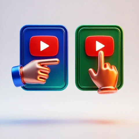 Two contrasting YouTube thumbnails with distinct call-to-action gestures, side by side on a bright studio background.