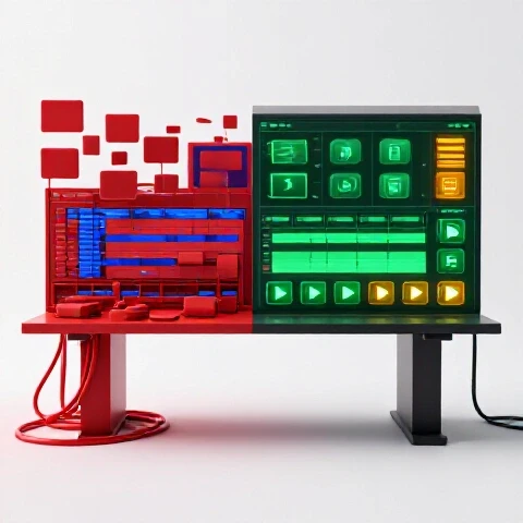Split-screen showing chaotic disorganized video editing workspace transforming into an efficient, organized setup.