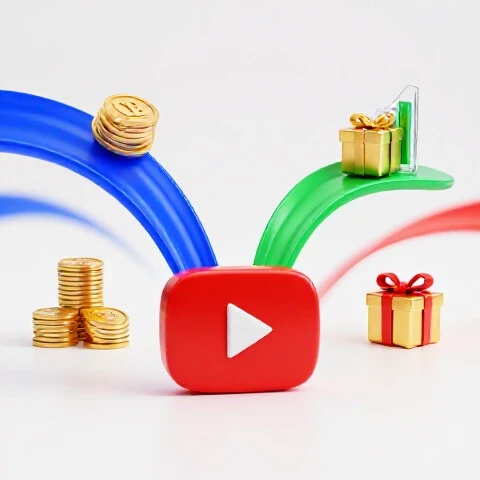 Single YouTube video with three vividly colored energy streams leading to symbols of wealth and opportunity on a bright background