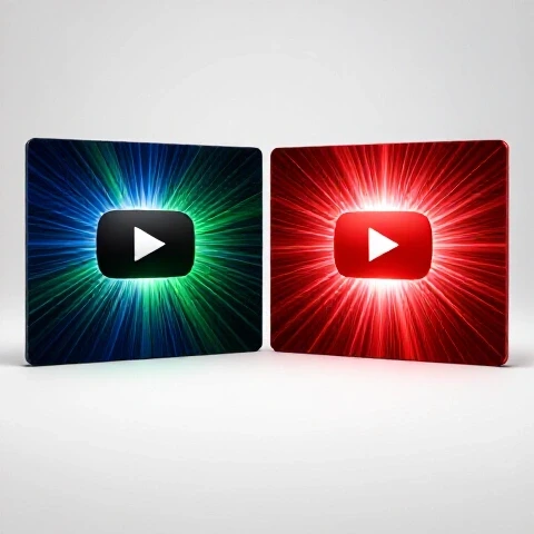 Two striking YouTube thumbnails on screens, one glowing brightly with energy beams and the other appearing dull, set in a bright studio scene.