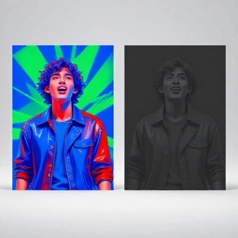 Two contrasting YouTube thumbnails side by side in a glossy, bright studio: one vivid and bold, the other faded and dull.